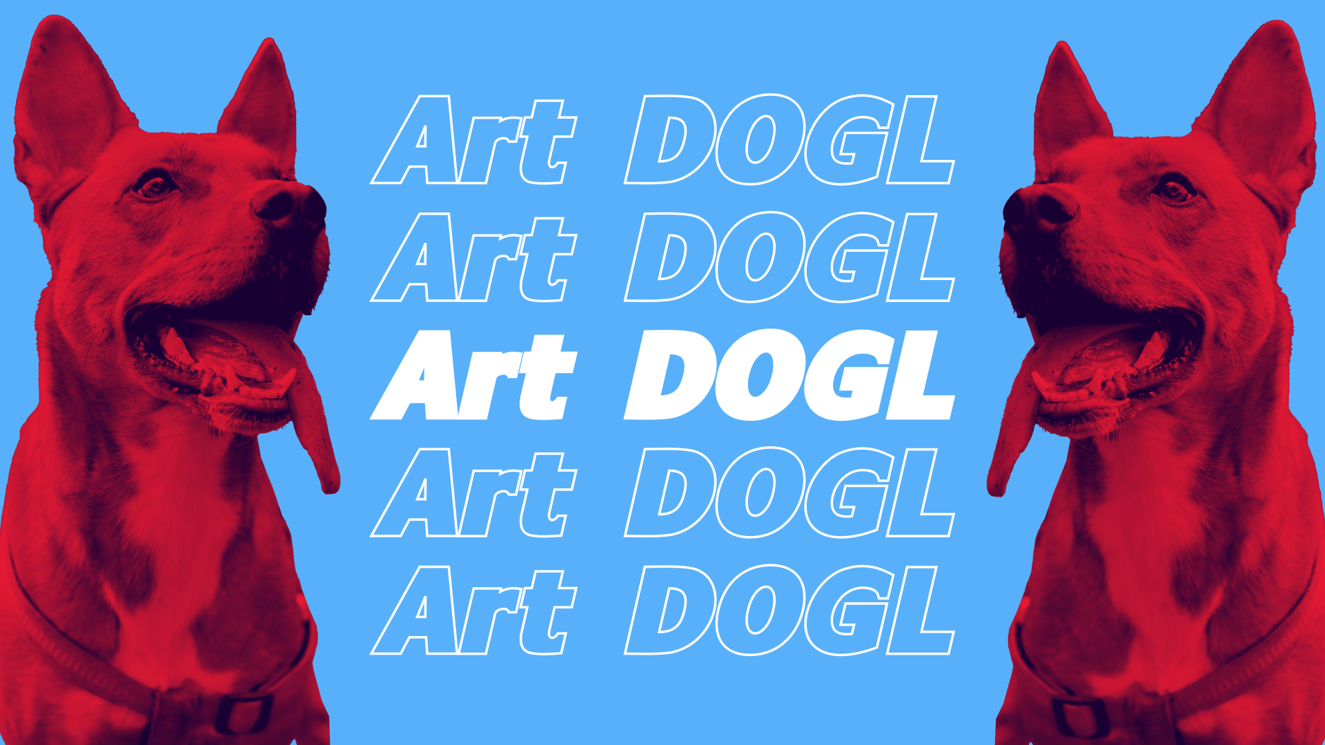 Two red-toned dog heads facing each other under repeated Art DOGL type
