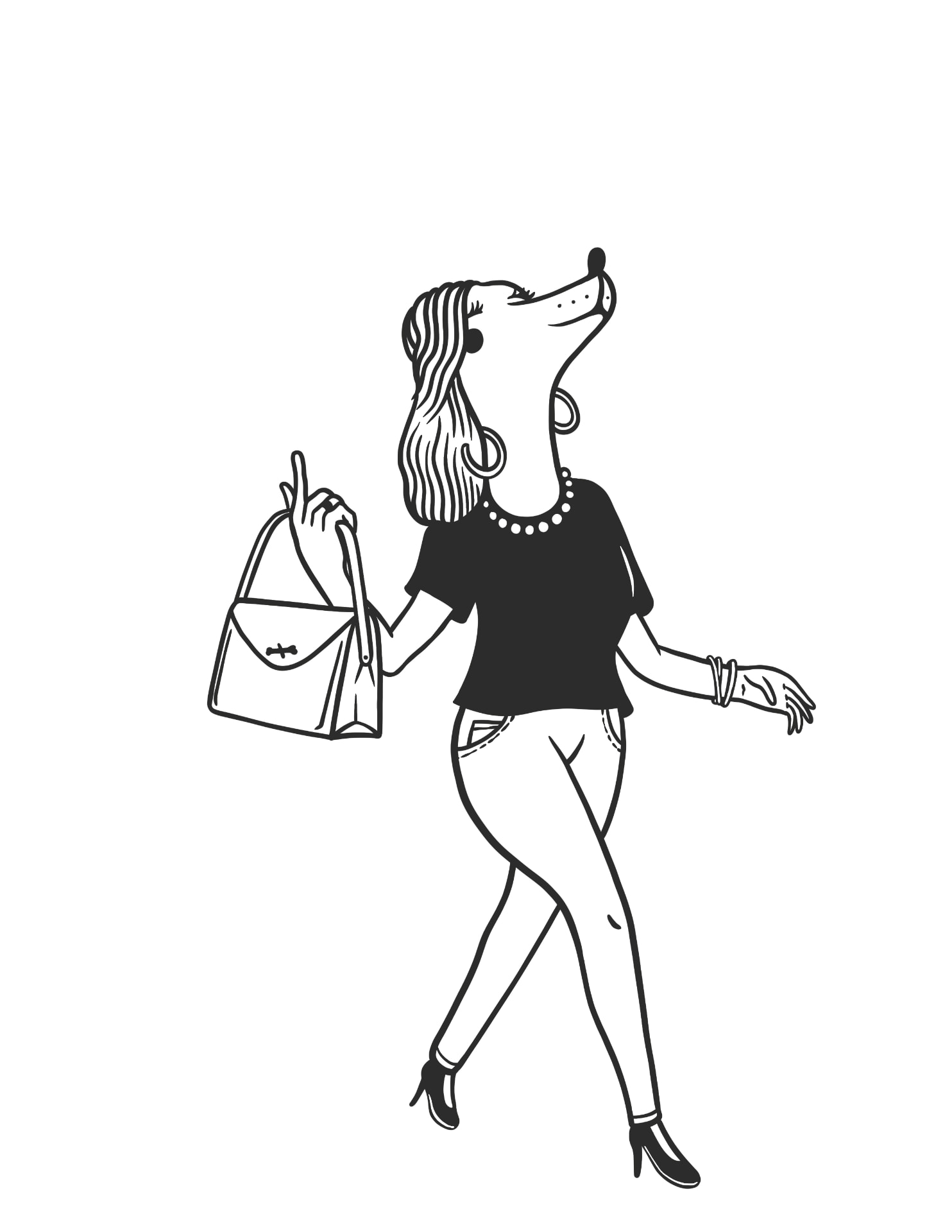 Illustrated dog-headed figure carrying a handbag in heels