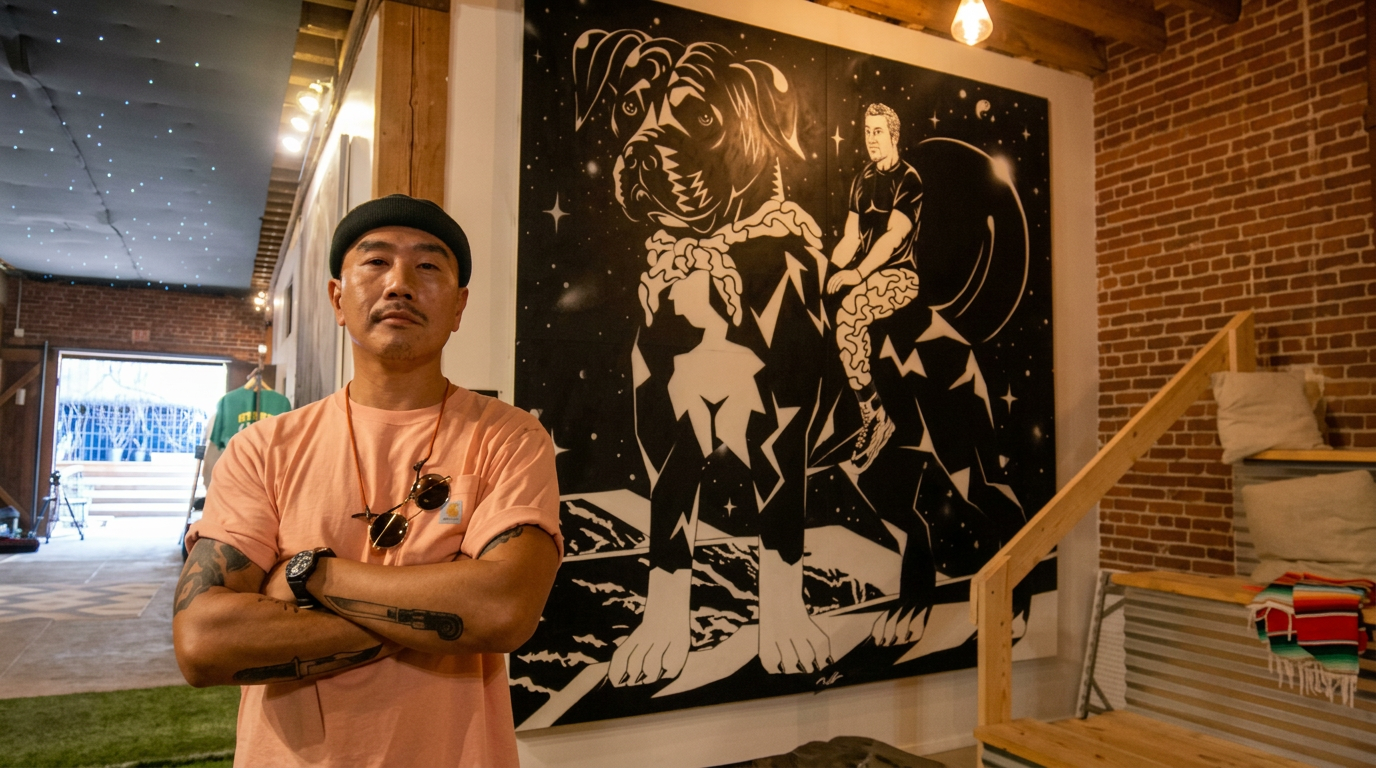 Artist standing before his large black and white line painting of a bulldog