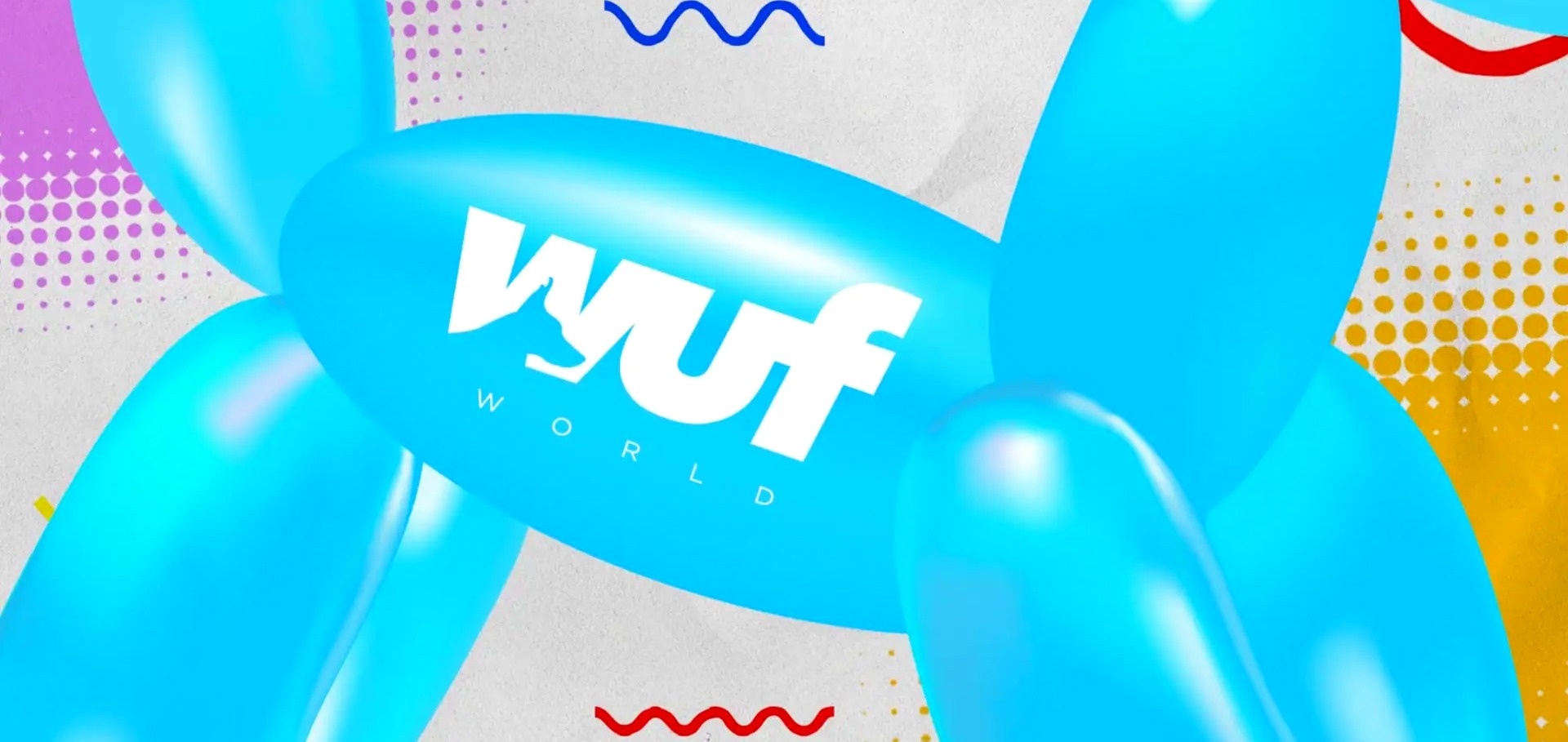 WUF World logo on a bright blue balloon dog against a confetti-patterned backdrop