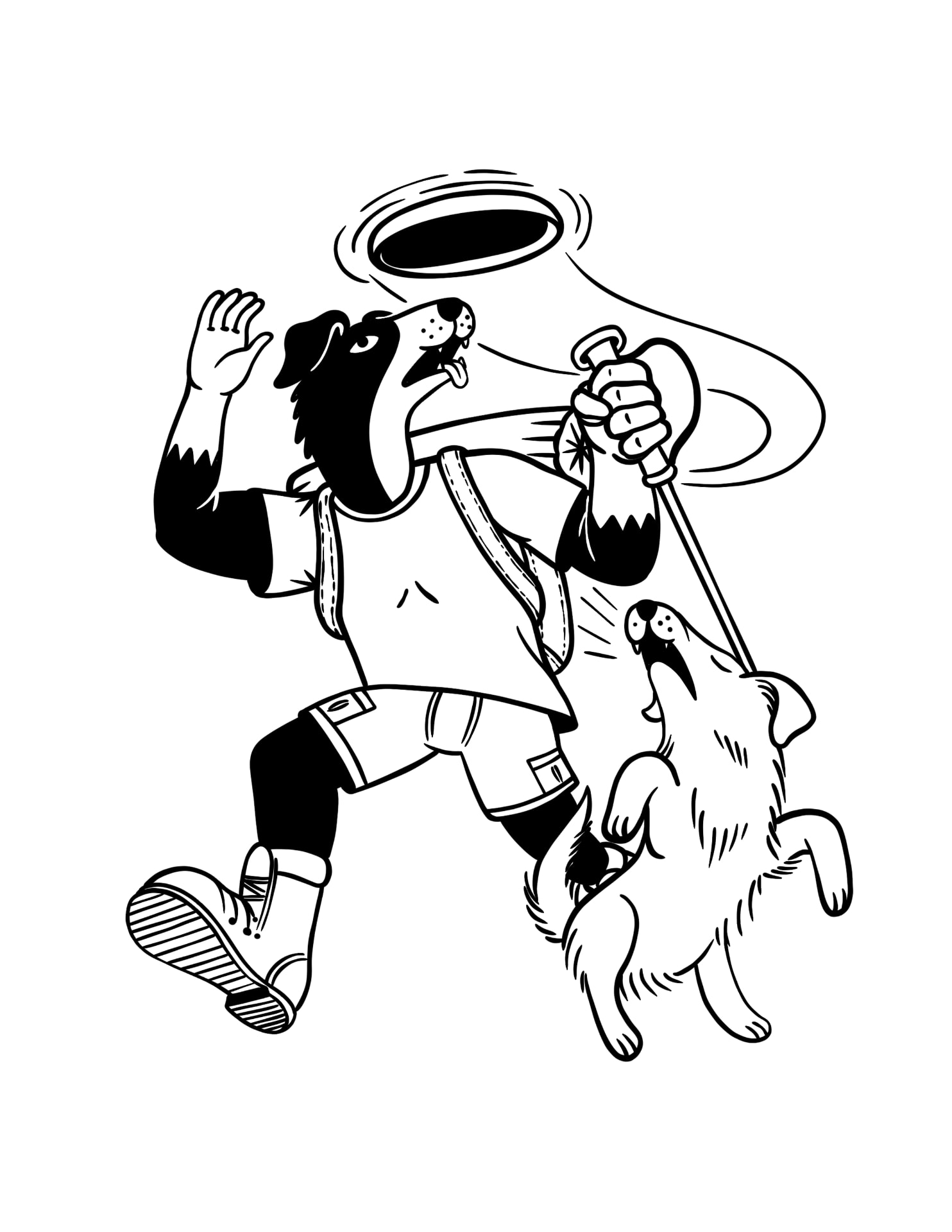 Illustrated dog-headed runner catching a frisbee beside a leaping dog