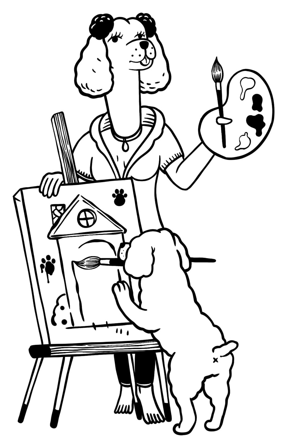 Illustrated poodle painting at an easel with a puppy