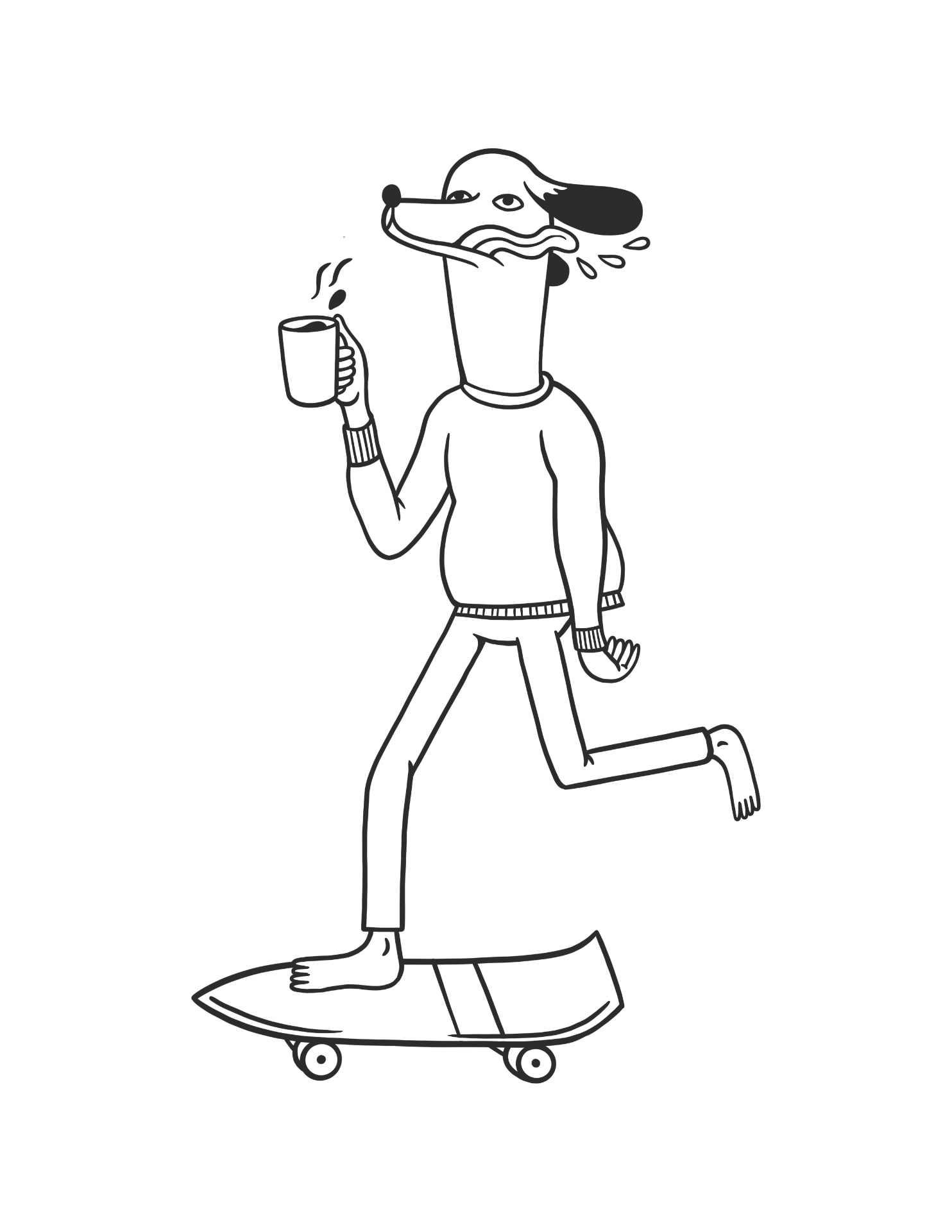 Illustrated dog skateboarding with a coffee