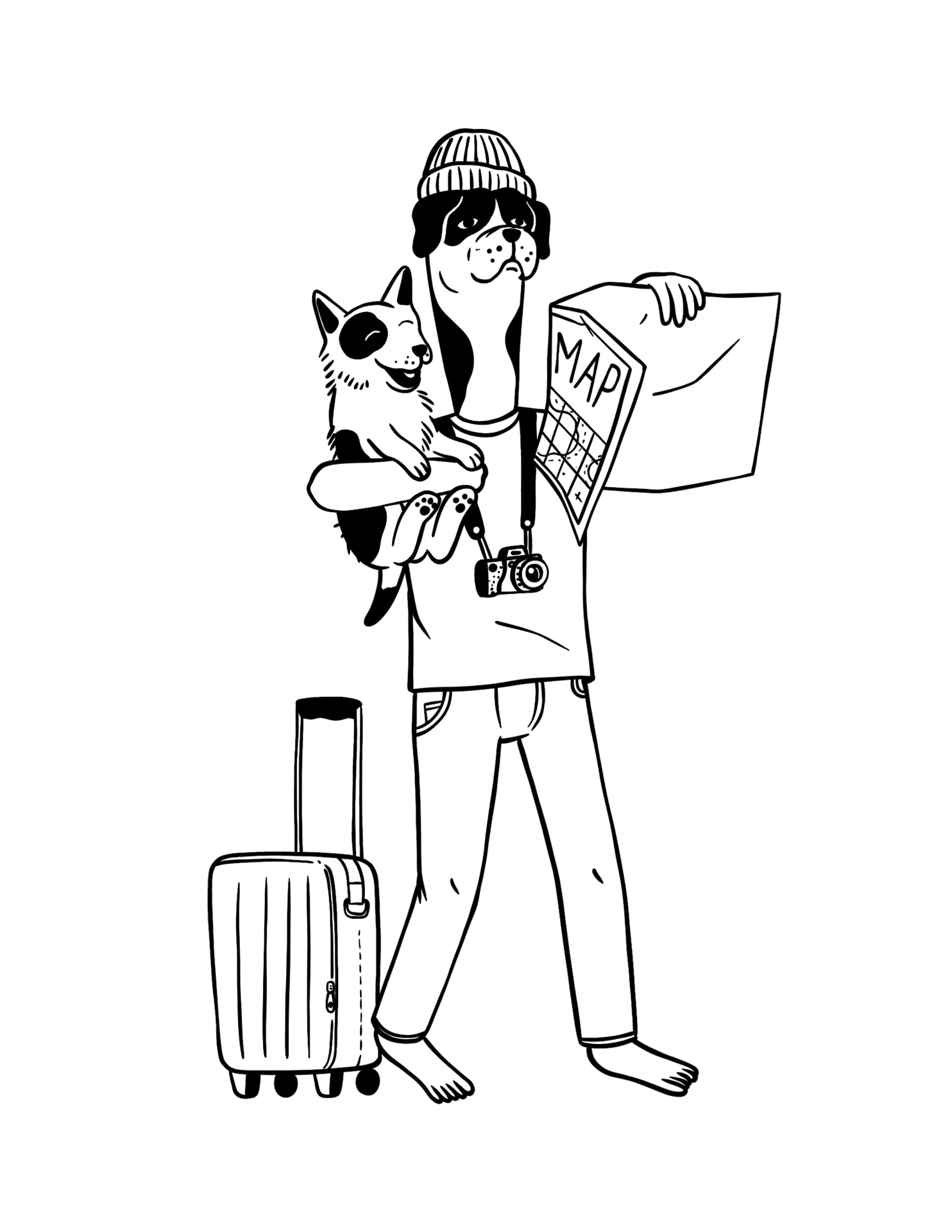 Illustrated dog traveller with a map and suitcase