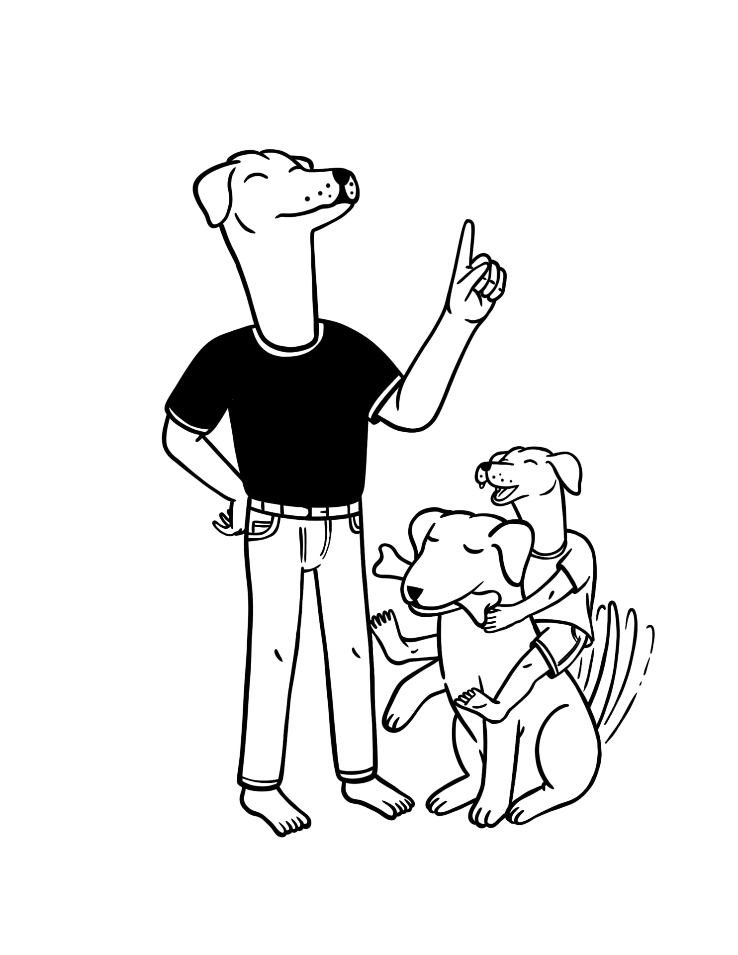 Illustrated dog-headed family with two dogs